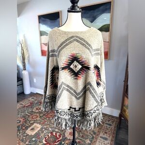 Kamana Southwest Fringe Poncho - Cream and Black